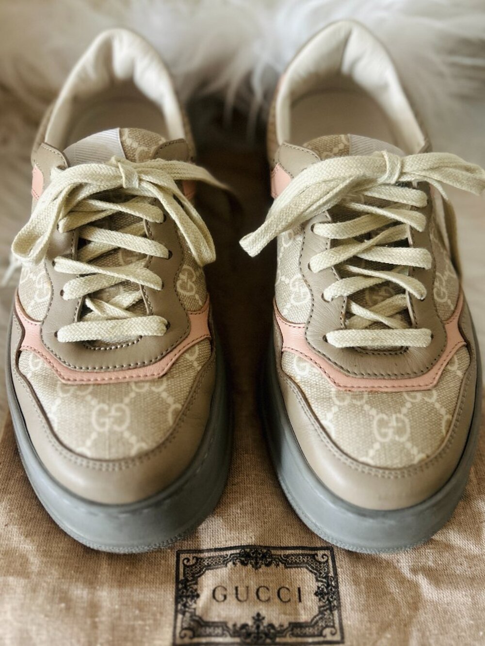 Gucci GG Supreme Sneakers, Size 37.5 in Oatmeal and Light Pink.